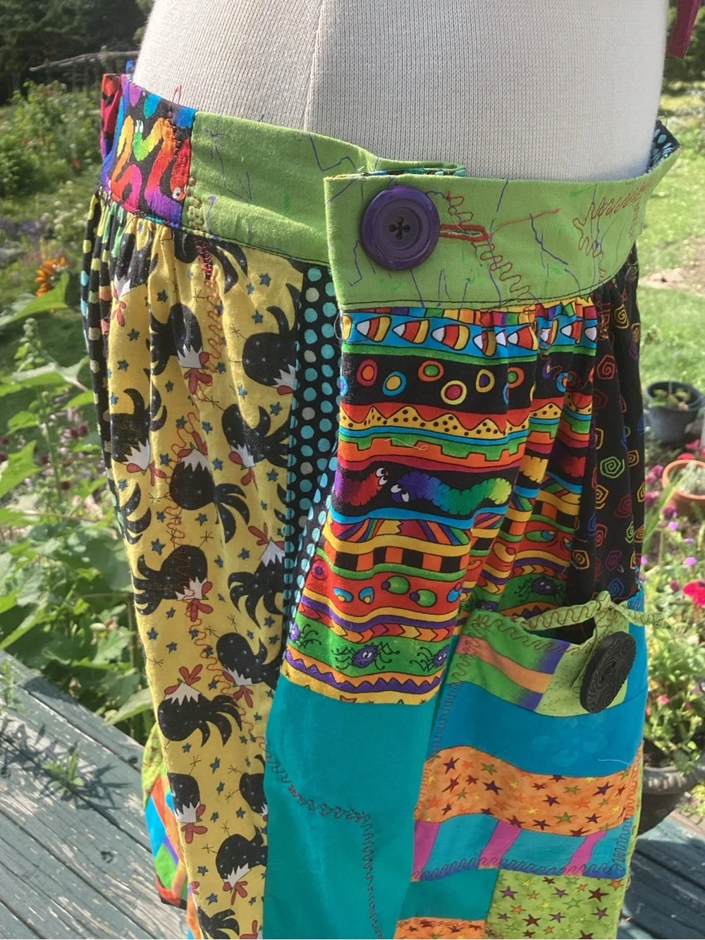 Upcycle Annie patchwork side /front pocket cotton tiered ruffle midi skirt. M-L